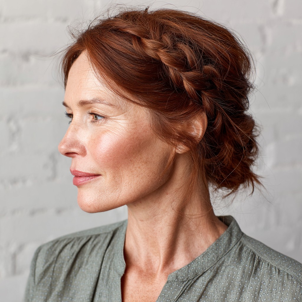 Elegant Red Braided Updo with Loose Tendrils