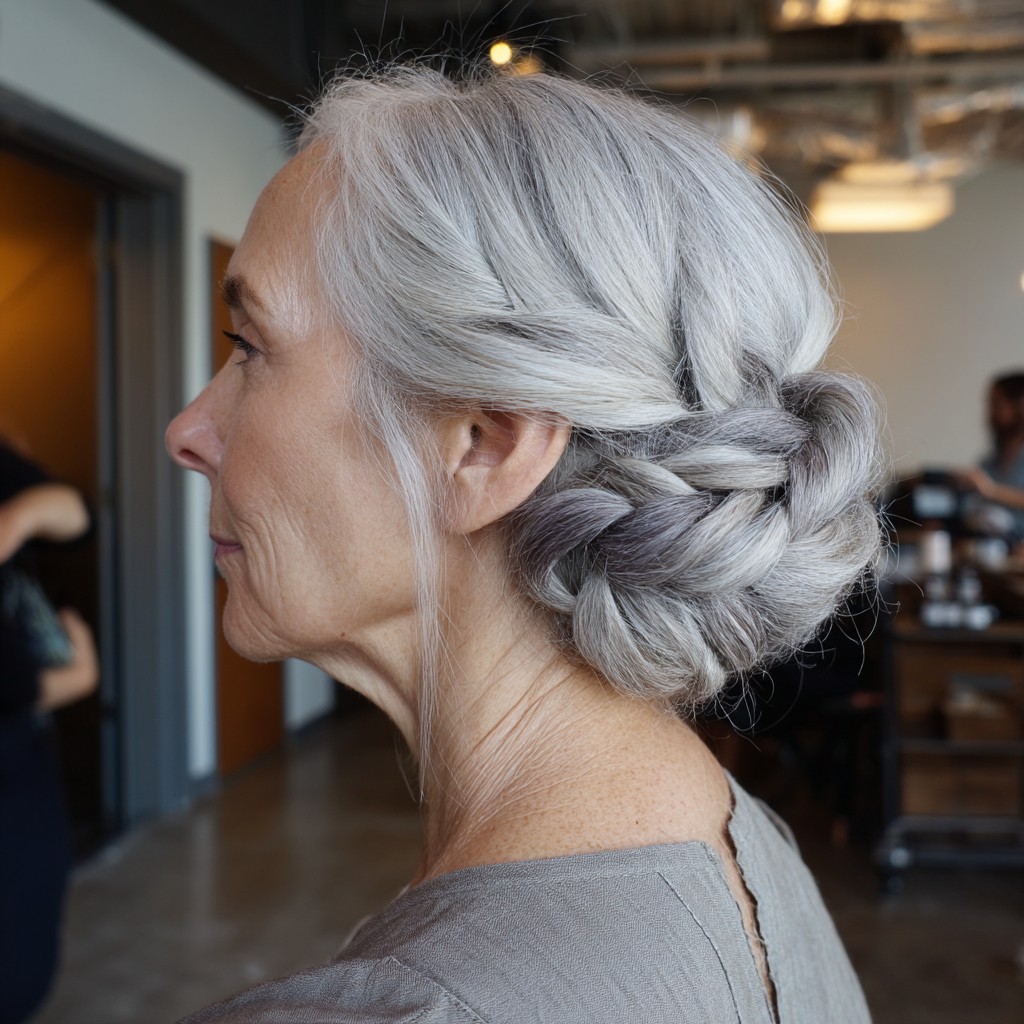 Graceful Silver Braided Updo with Soft Texture