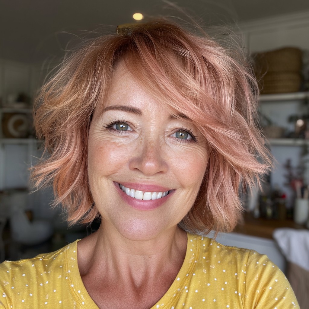 Playful Choppy Layered Bob with Soft Pink Tones