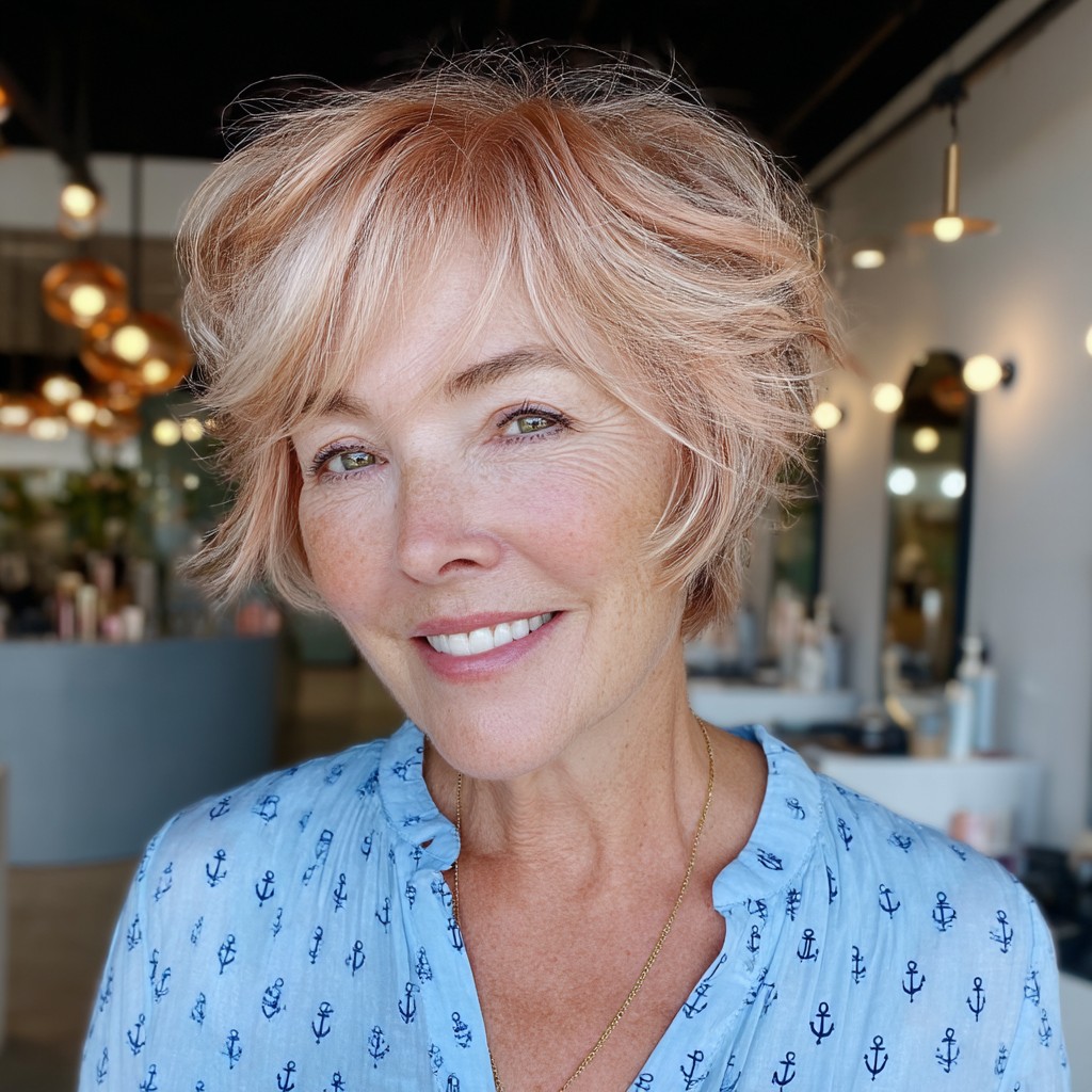Playful Choppy Layered Pixie with Subtle Rose Tones