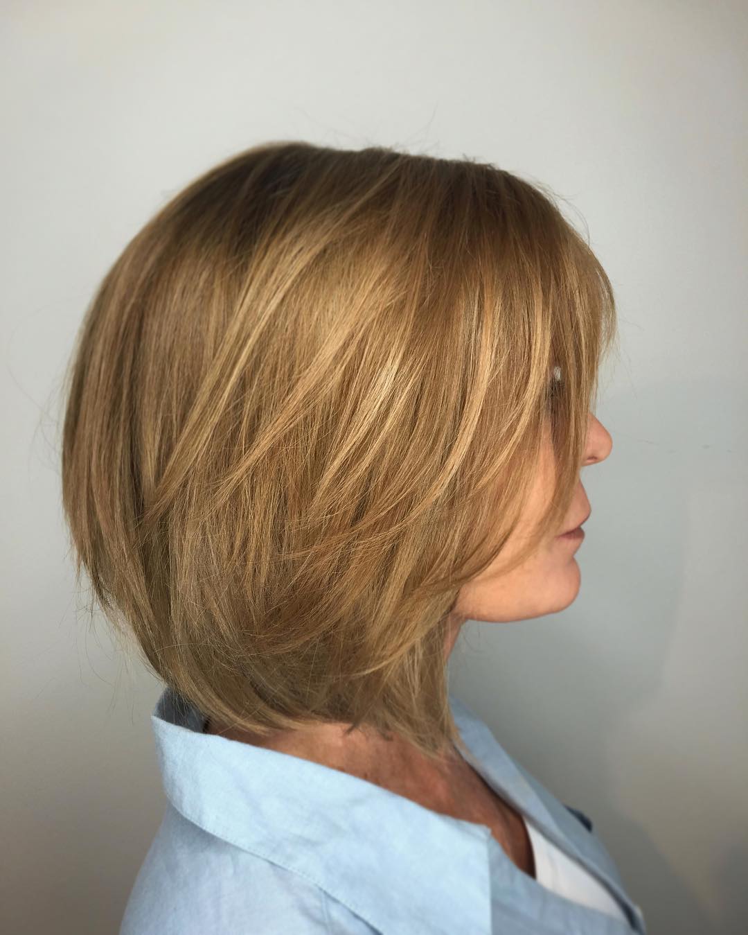 Textured Caramel Layered Bob with Wispy Bangs