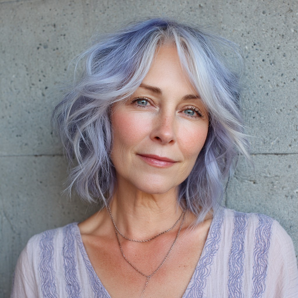 Trendy Textured Lob with Icy Lavender Highlights