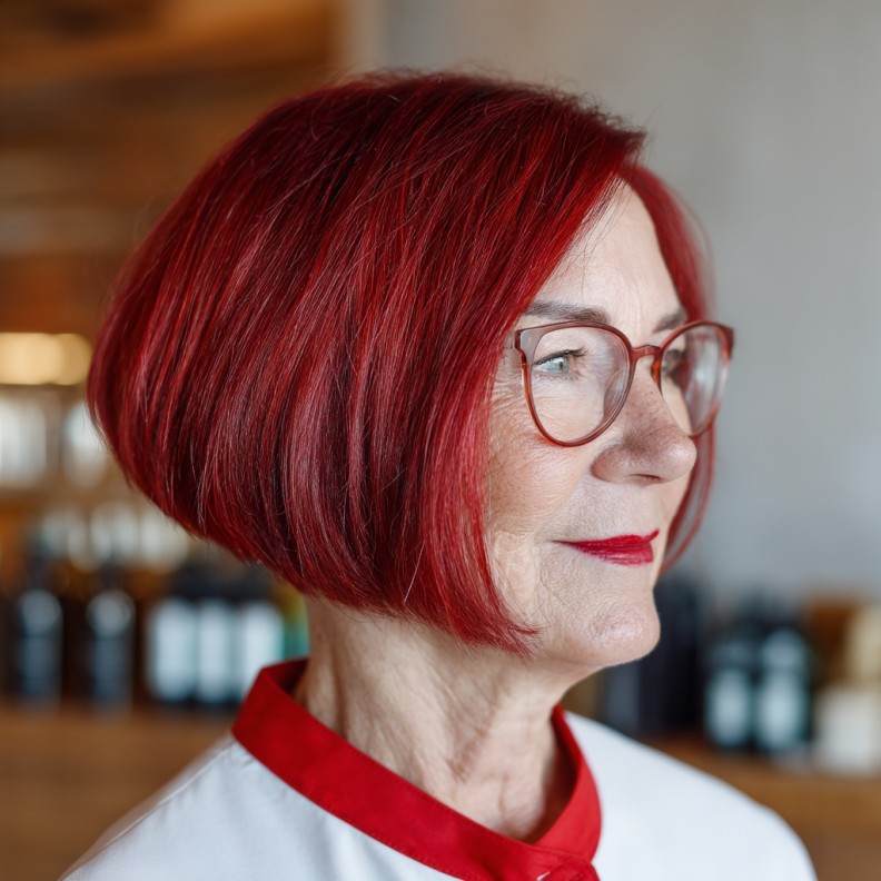 Bold Ruby Red Short Angled Bob with Textured Ends