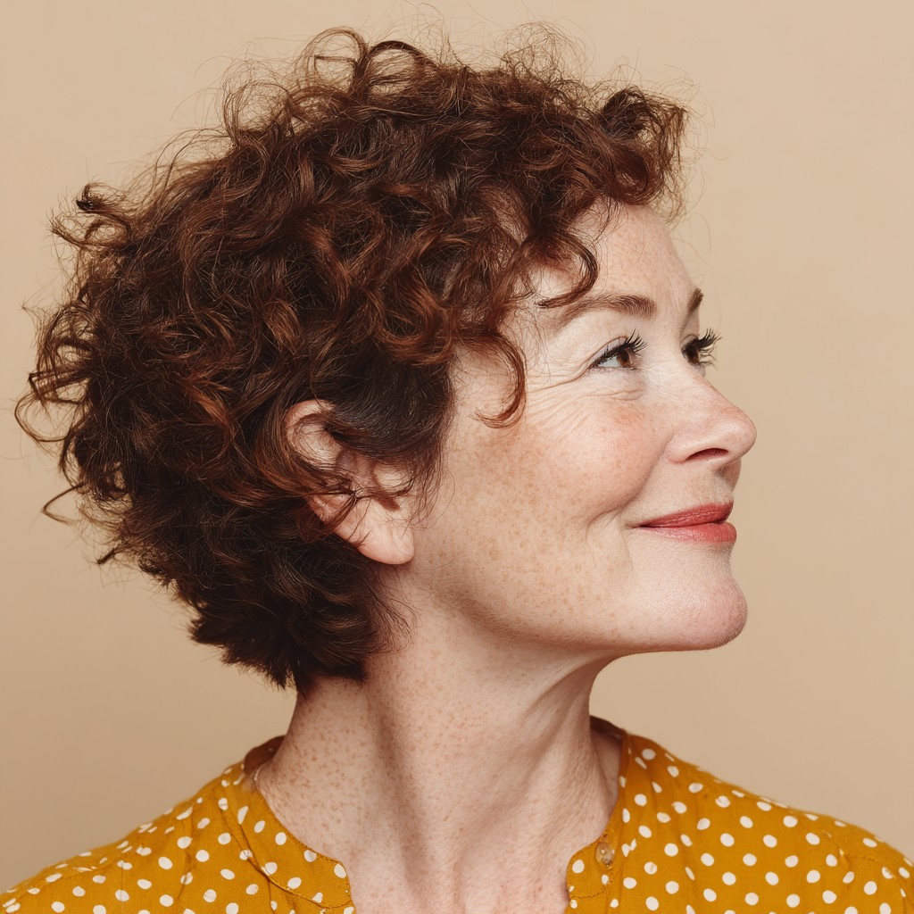 Chic Curly Auburn Bob with Baby Bangs