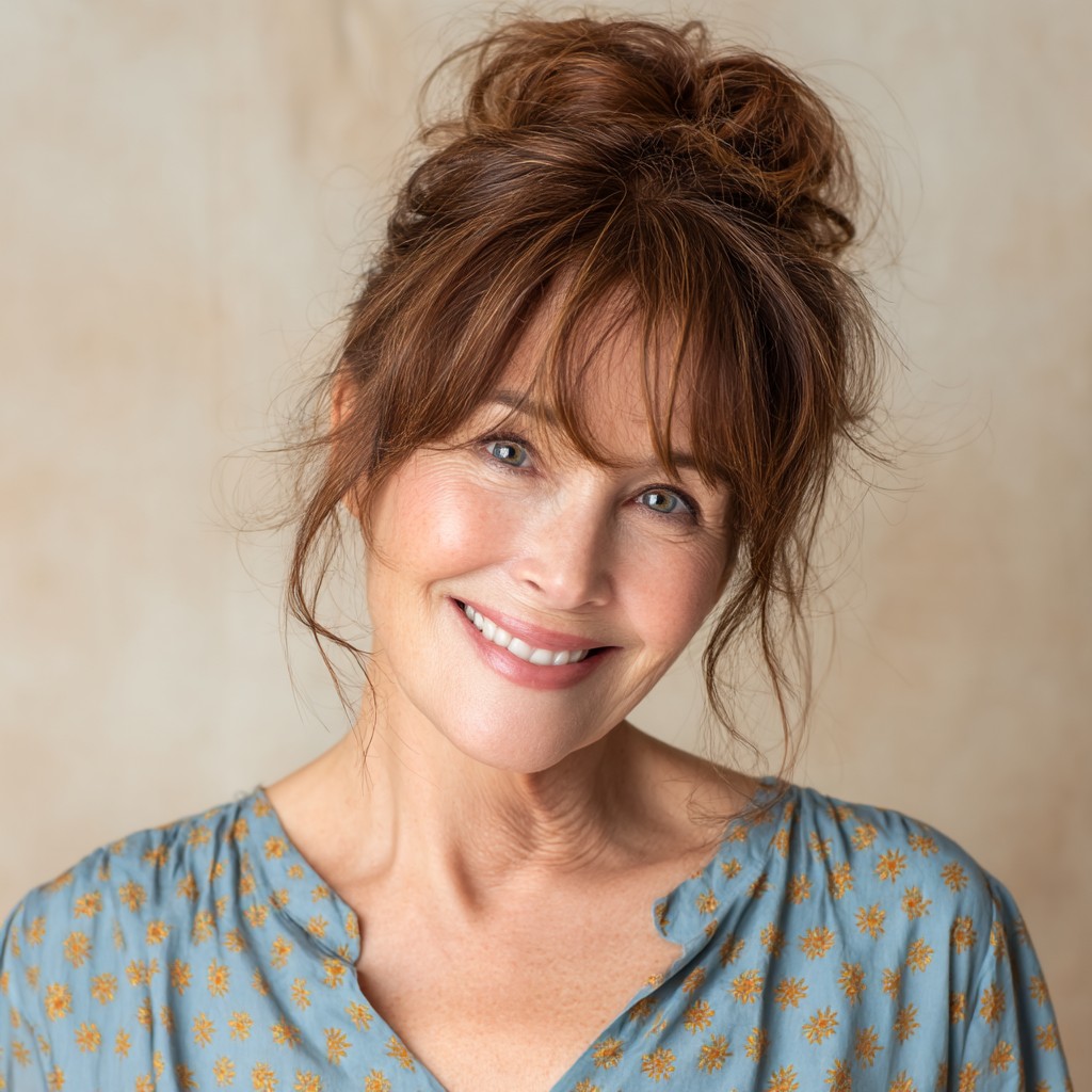 Effortlessly Chic Textured Updo with Soft Bangs
