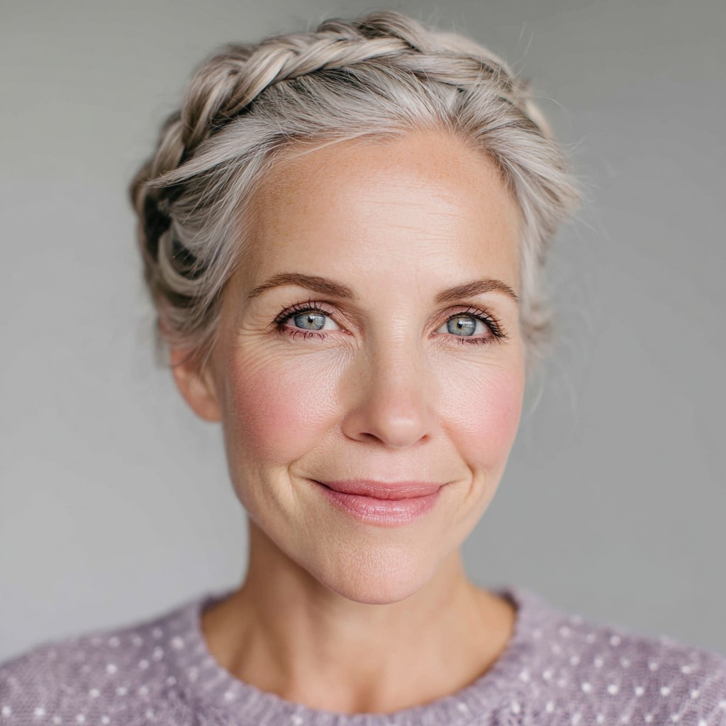 Elegant Silver Braided Updo with Subtle Texture