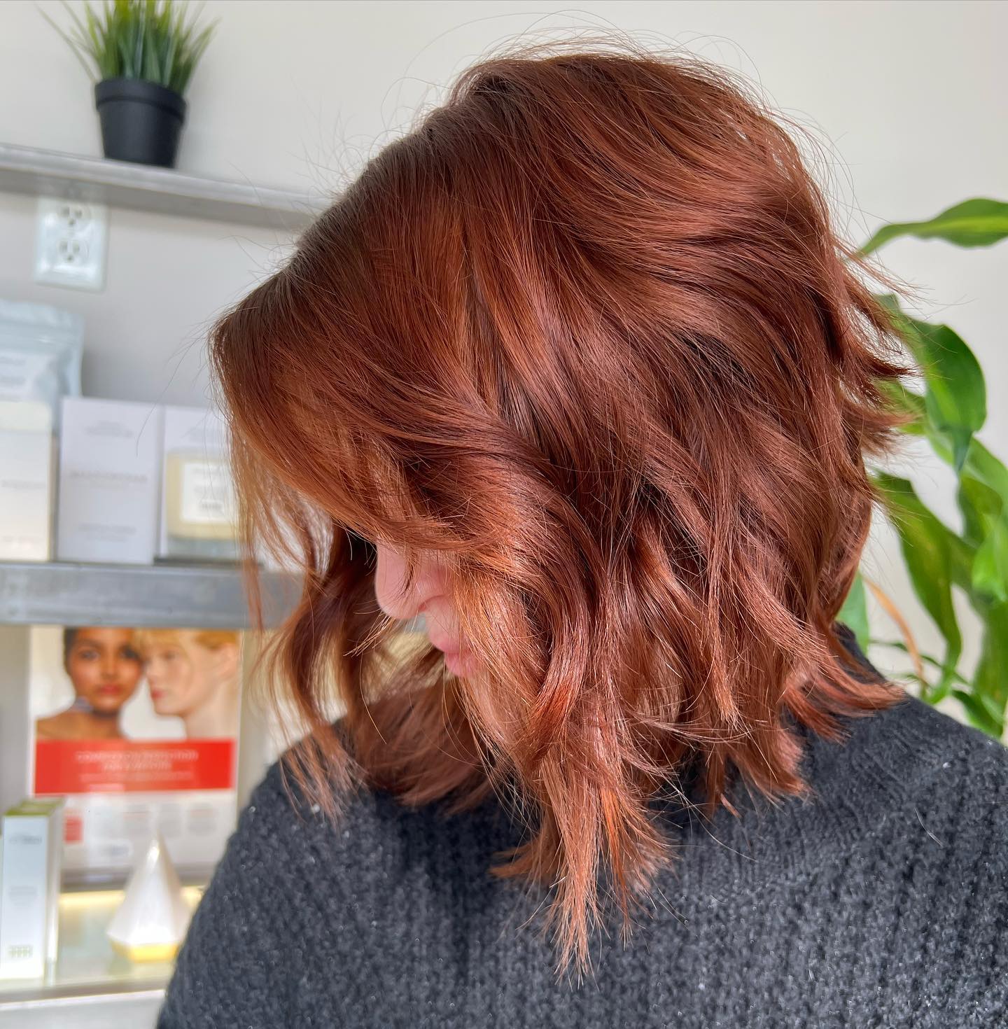 Textured Copper Wavy Bob with Soft Layers