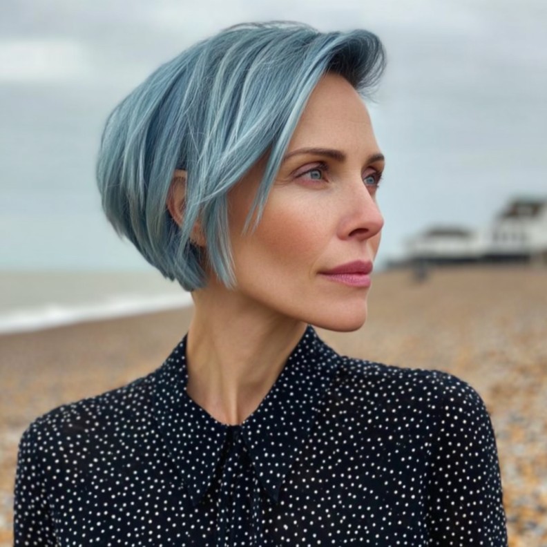 Trendy Ice Blue Short Angled Bob