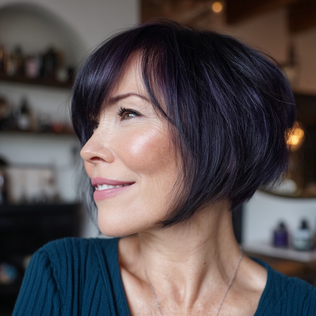 Bold Asymmetrical Bob with Rich Plum Highlights