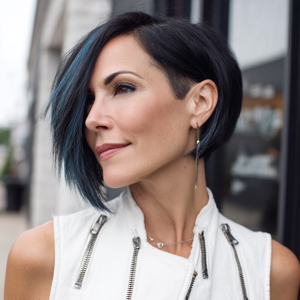 Bold Asymmetrical Bob with Teal Accents