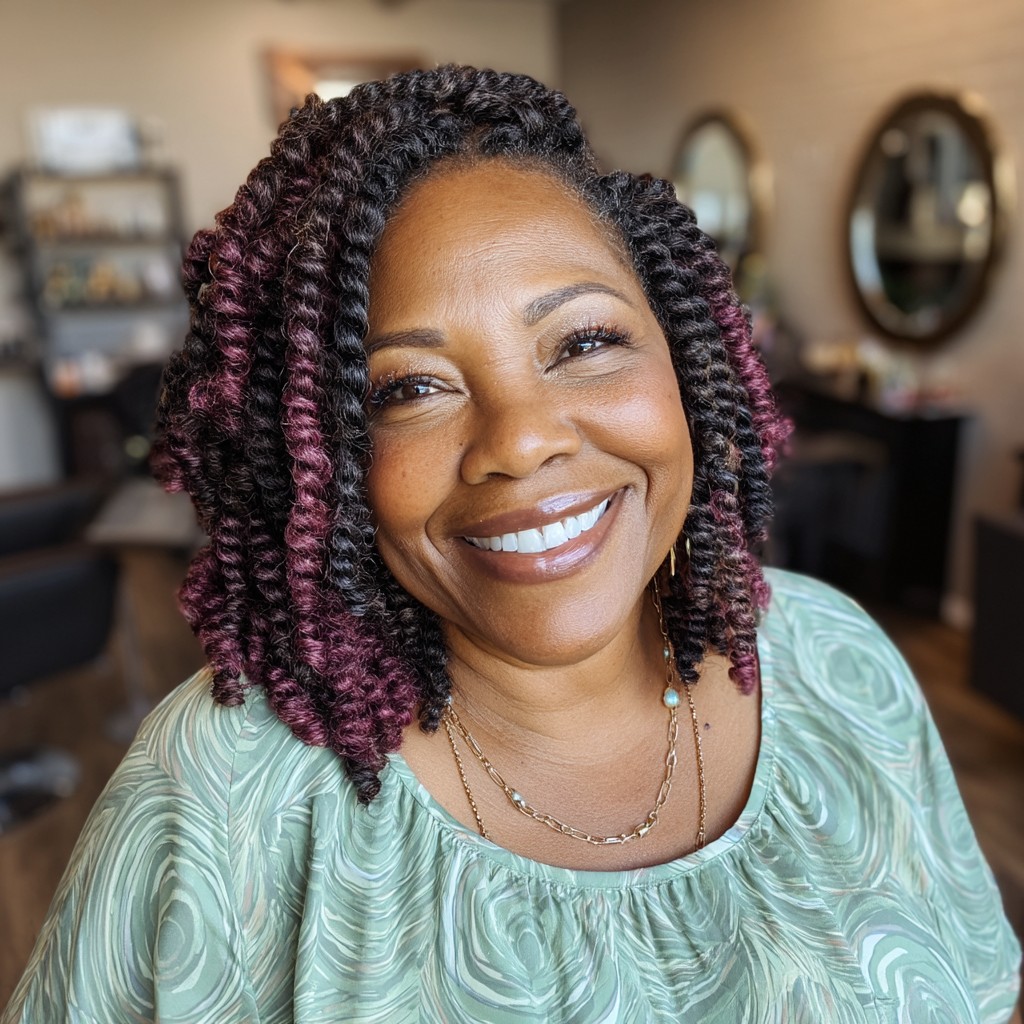 Charming Medium-Length Twisted Hair with Subtle Burgundy Highlights