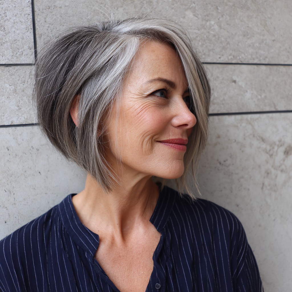 chic asymmetrical gray bob with subtle highlights