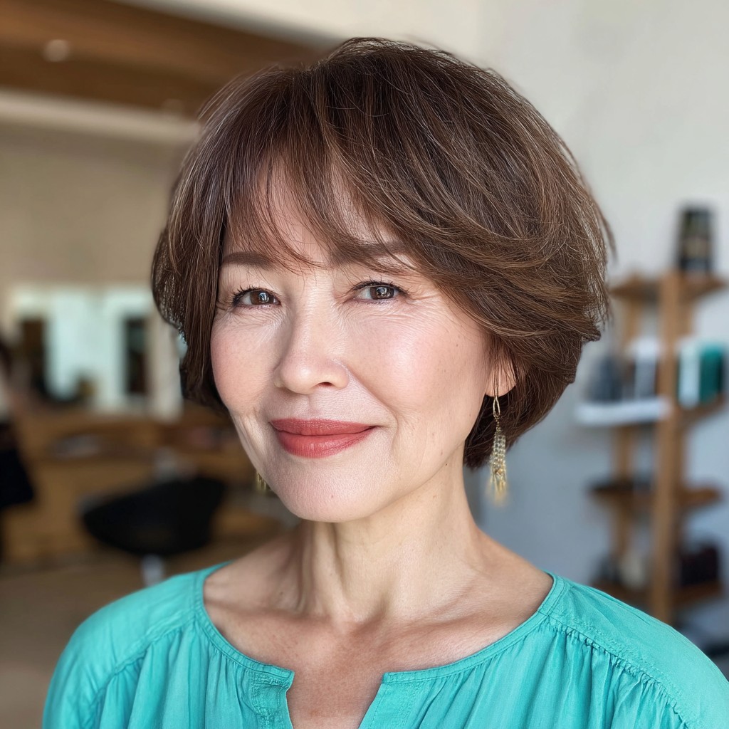 chic feathered bangs with soft layered bob