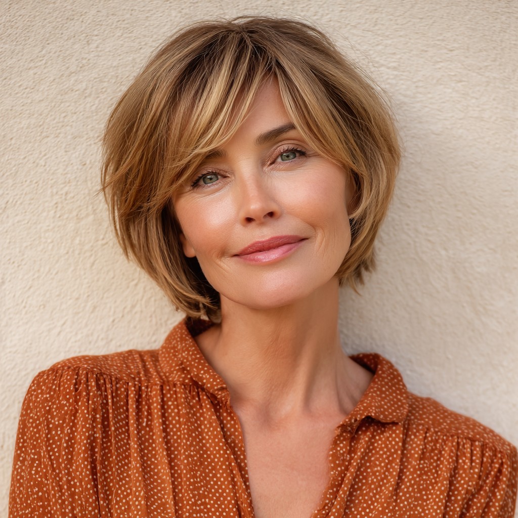 Chic Feathered Bangs with Soft Textured Bob