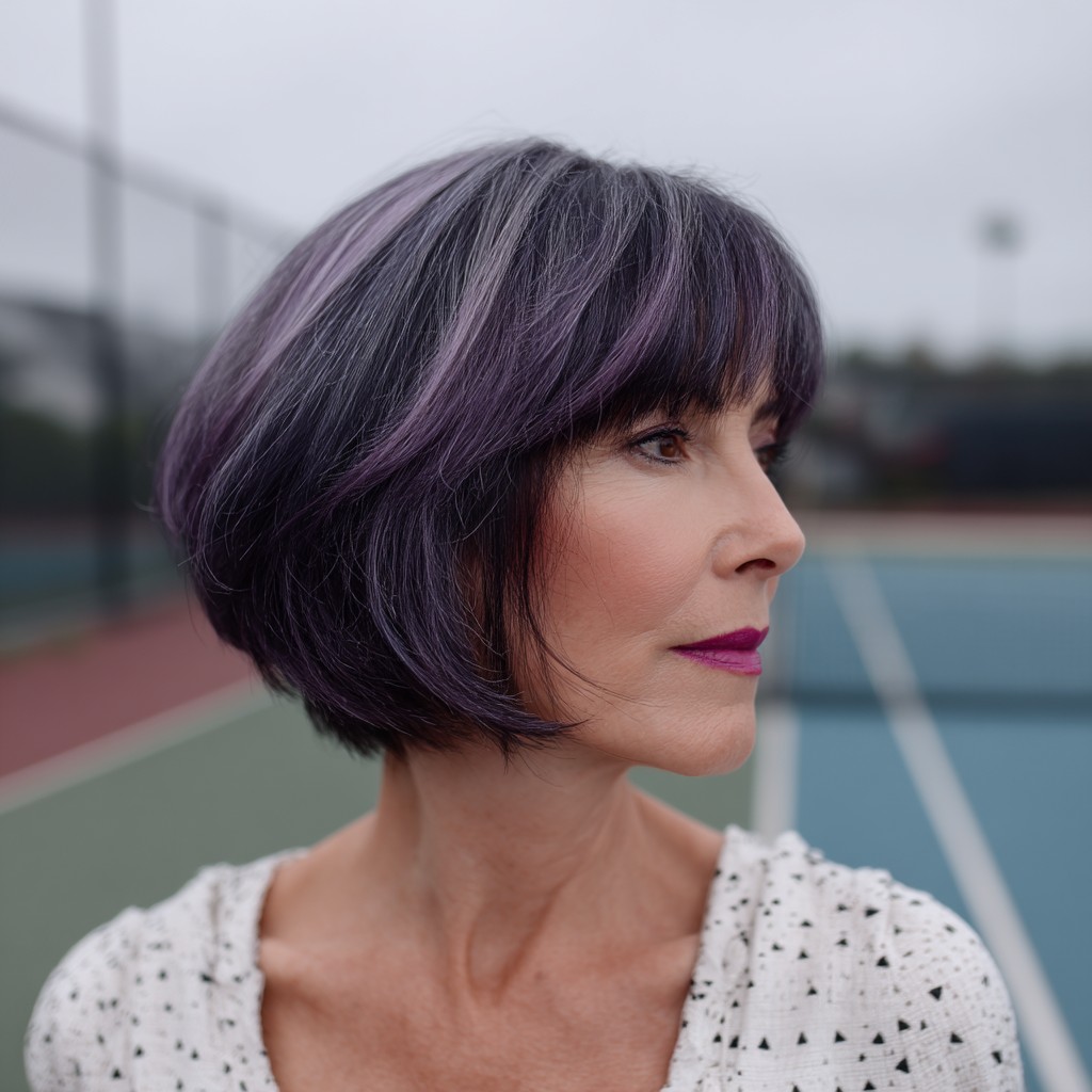 Chic Feathered Bob with Subtle Purple Highlights