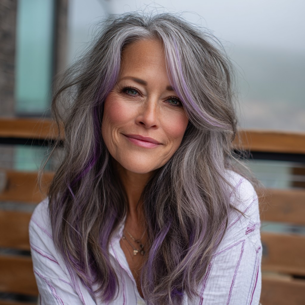 Chic Long Textured Layers with Purple Highlights