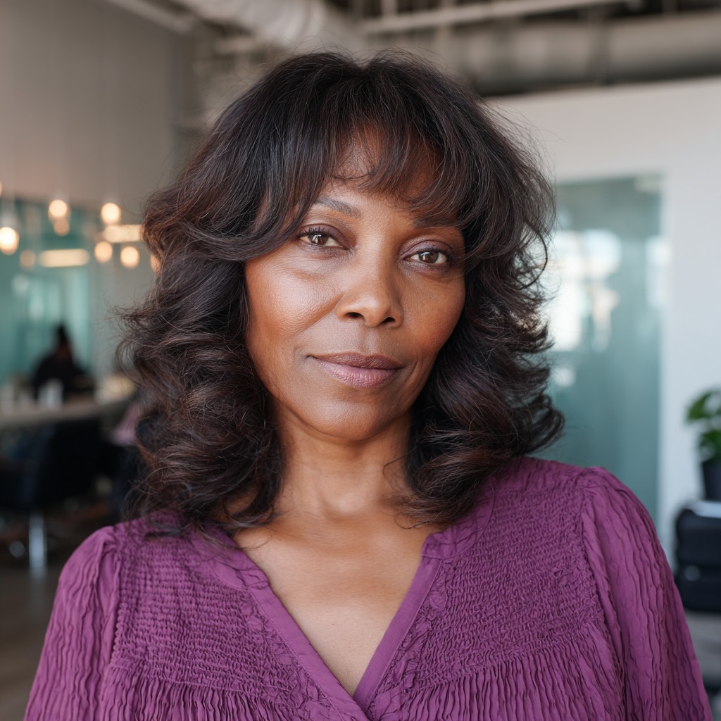 chic medium layered cut with soft bangs