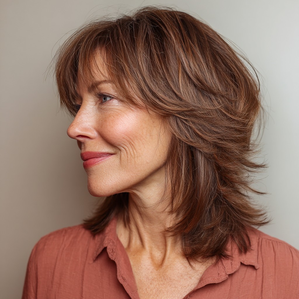 Chic Reddish Brown Layered Cut with Subtle Bangs