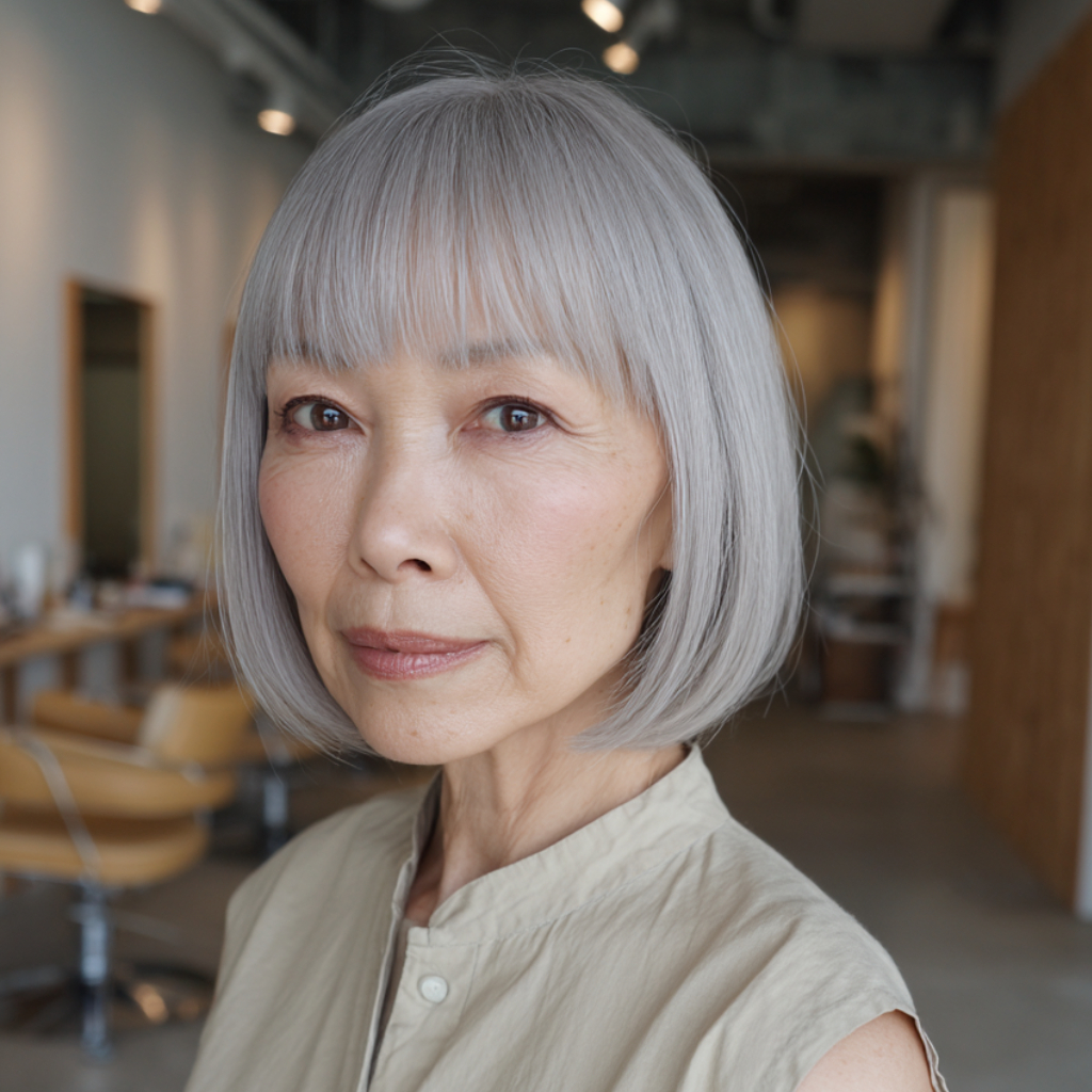 Chic Silver Blunt Bob with Straight Fringe