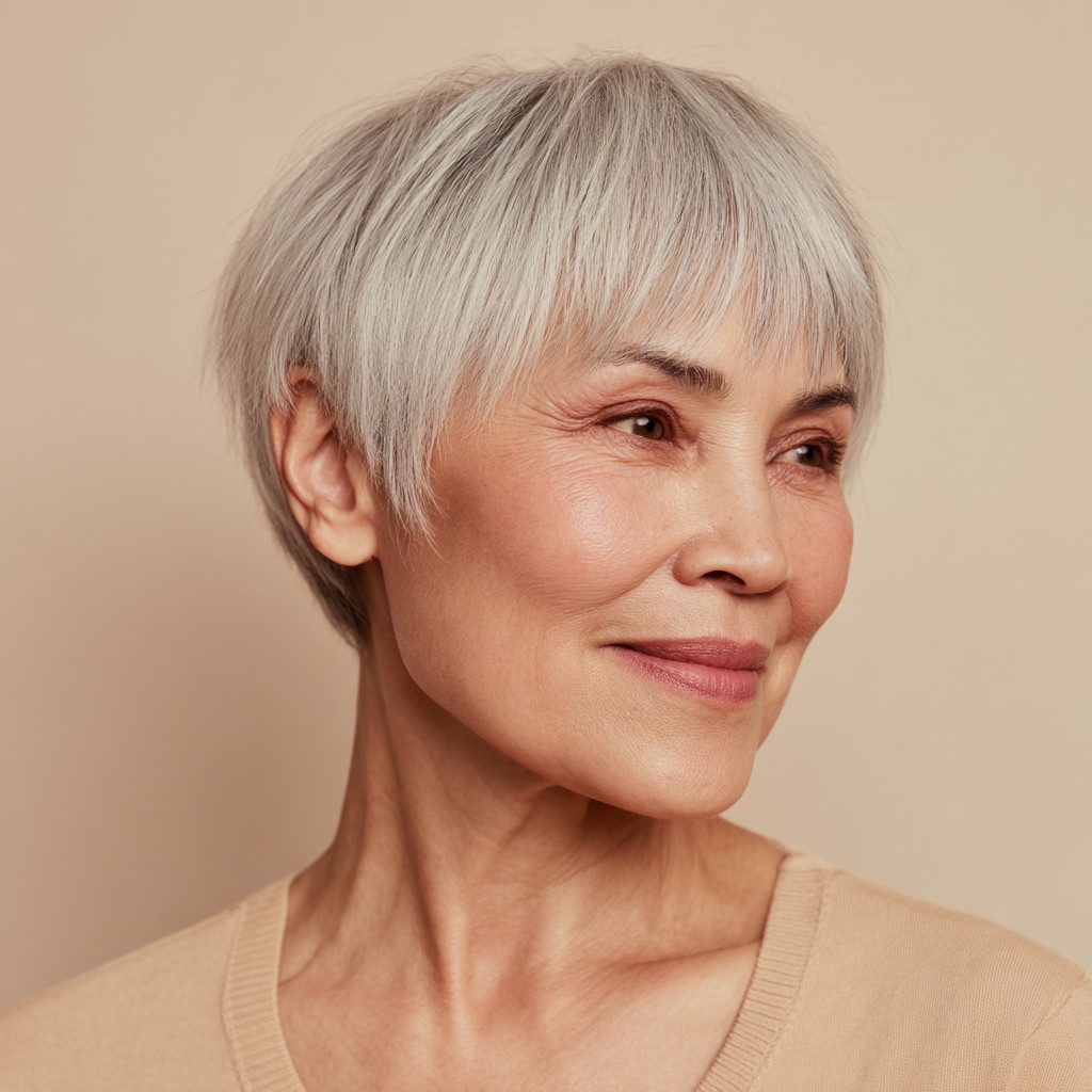 Chic Textured Silver Pixie Cut with Soft Fringe