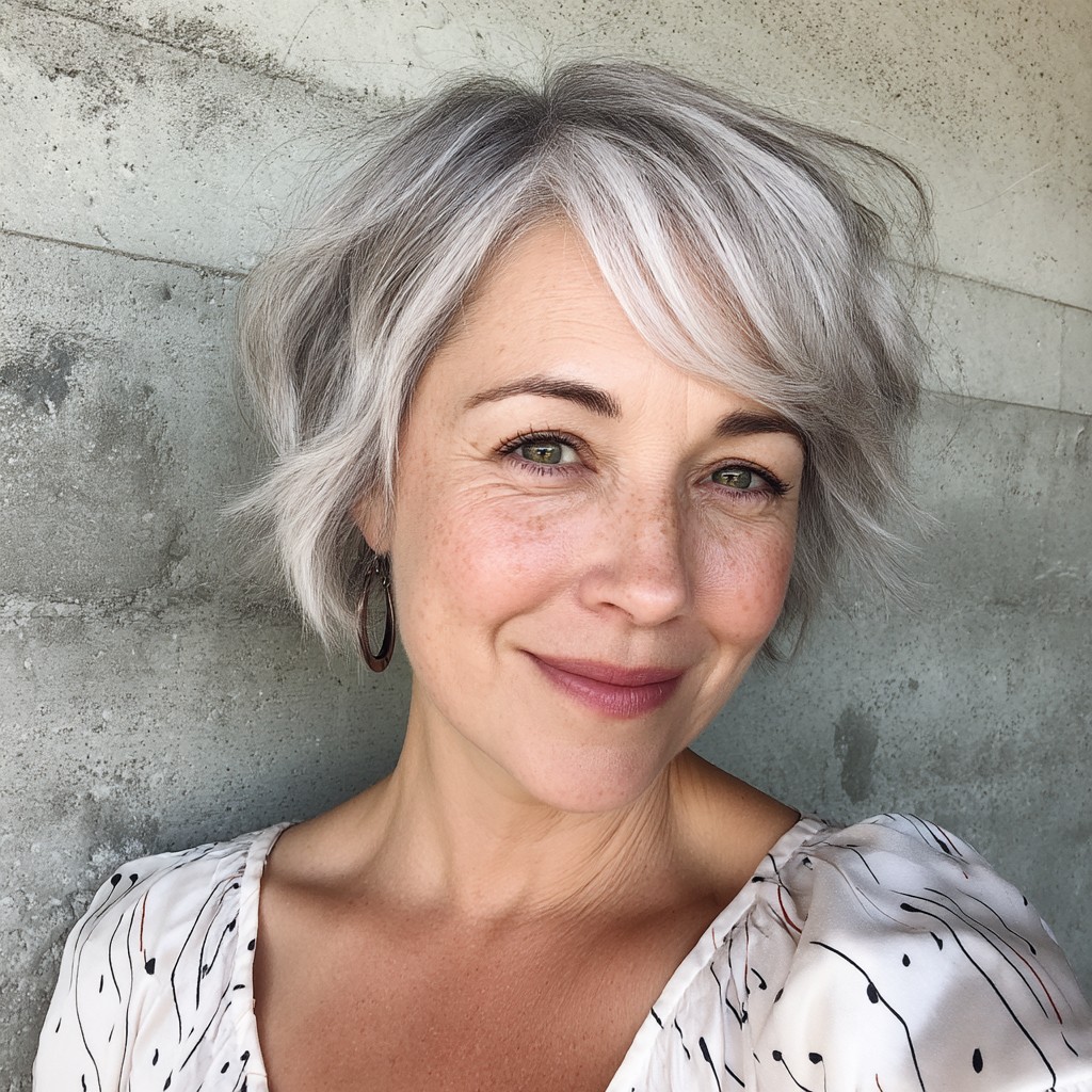 chic textured silver pixie cut with swoop bangs