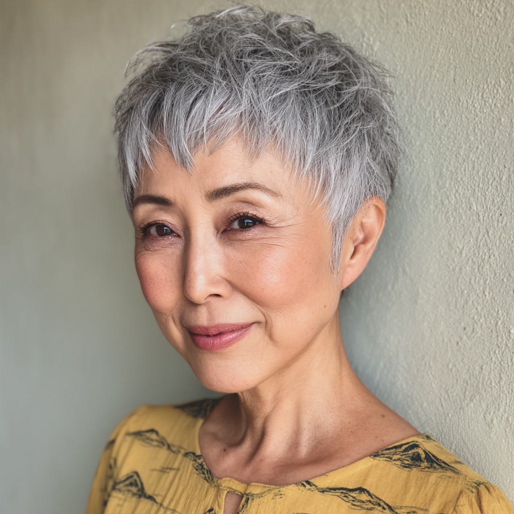 Chic Textured Silver Pixie with Feathered Layers