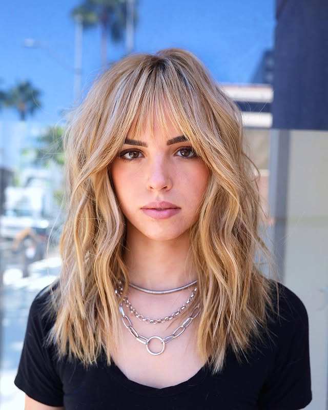 Choppy Layered Cut with Bangs and Beachy Texture