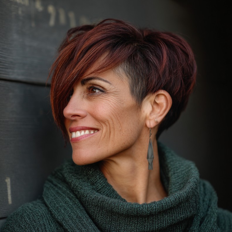 Dynamic Mahogany Asymmetrical Pixie Cut