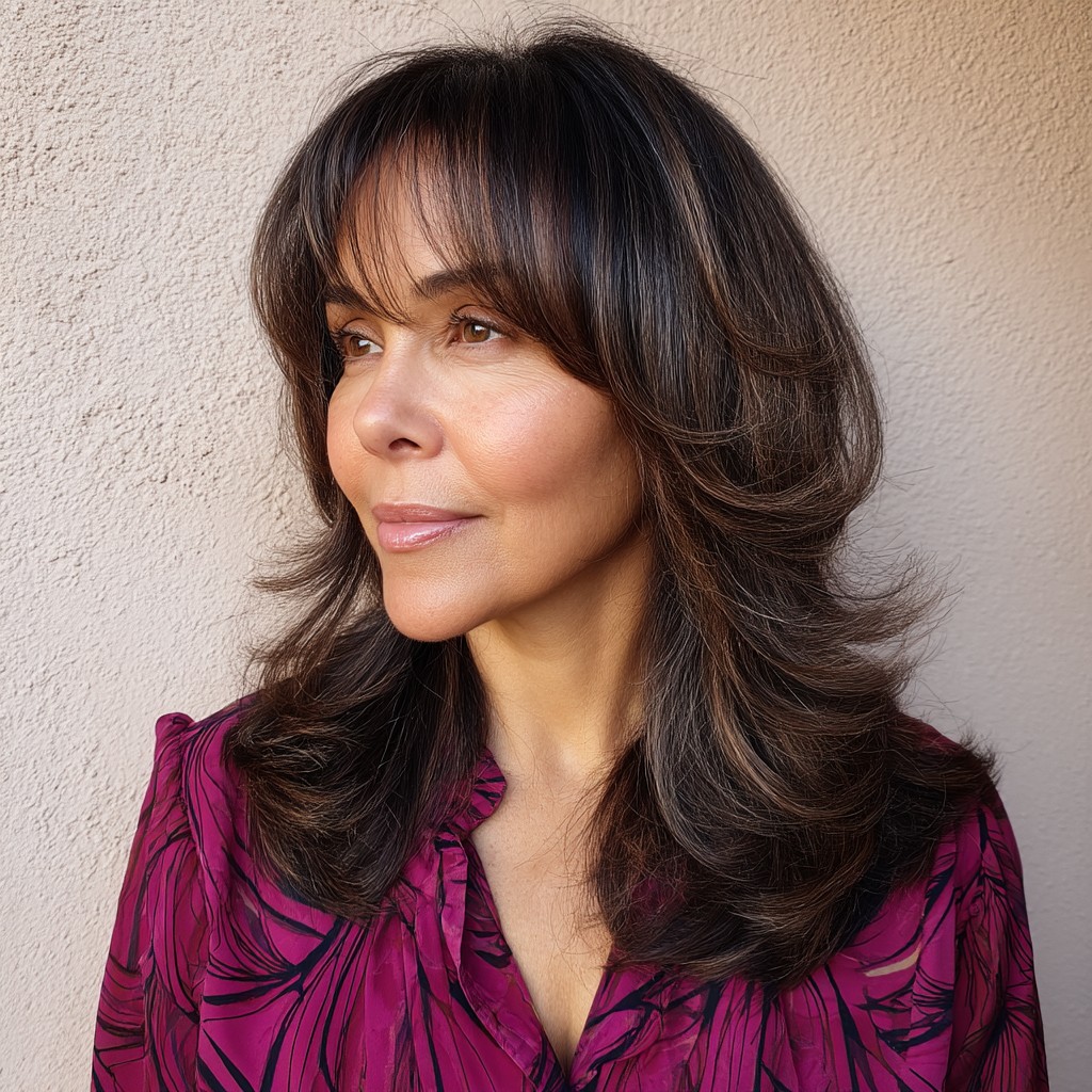 Elegant Feathered Bangs with Layered Long Hair