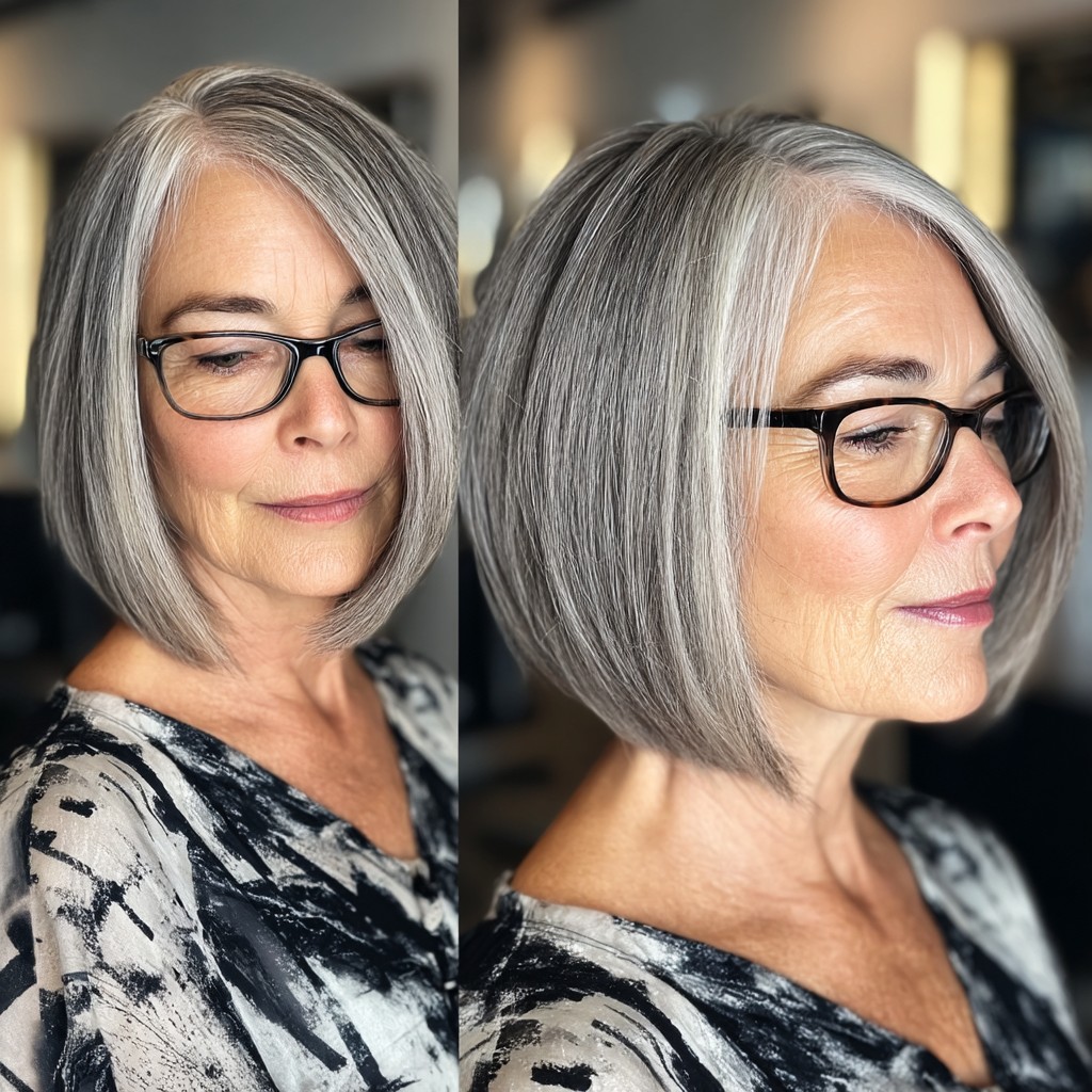 Elegant Silver Angled Bob with Subtle Volume