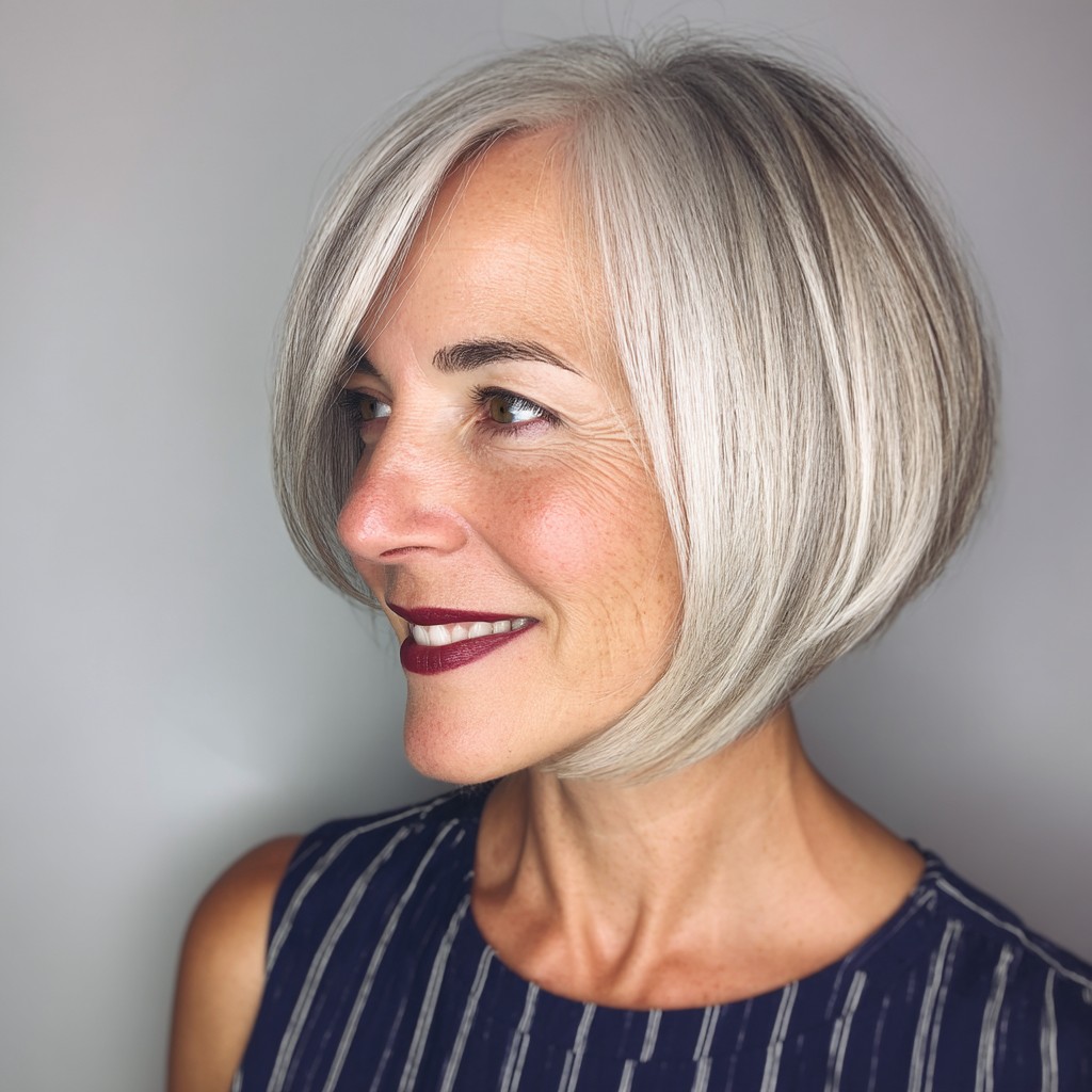 Elegant Silvery Bob with Soft Angled Layers