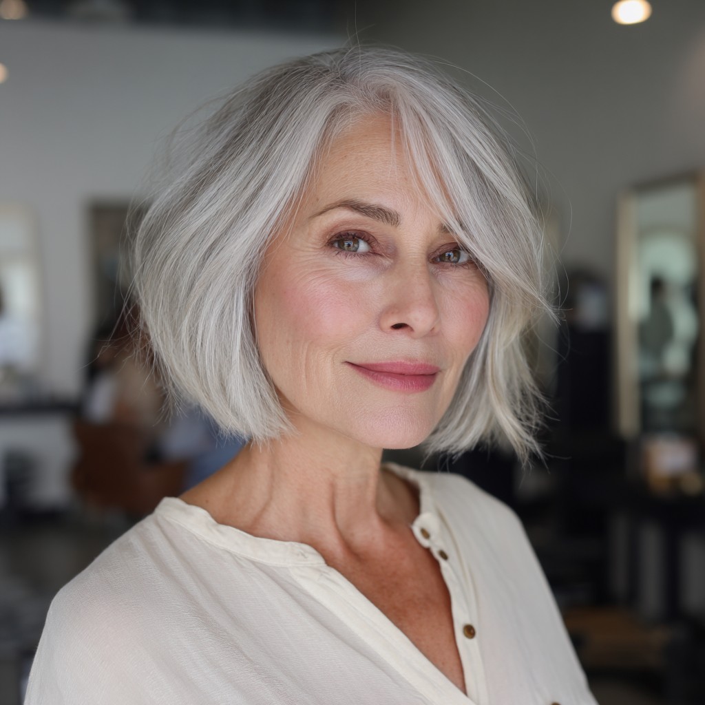 Modern Layered Silver Bob with Face-Framing Layers