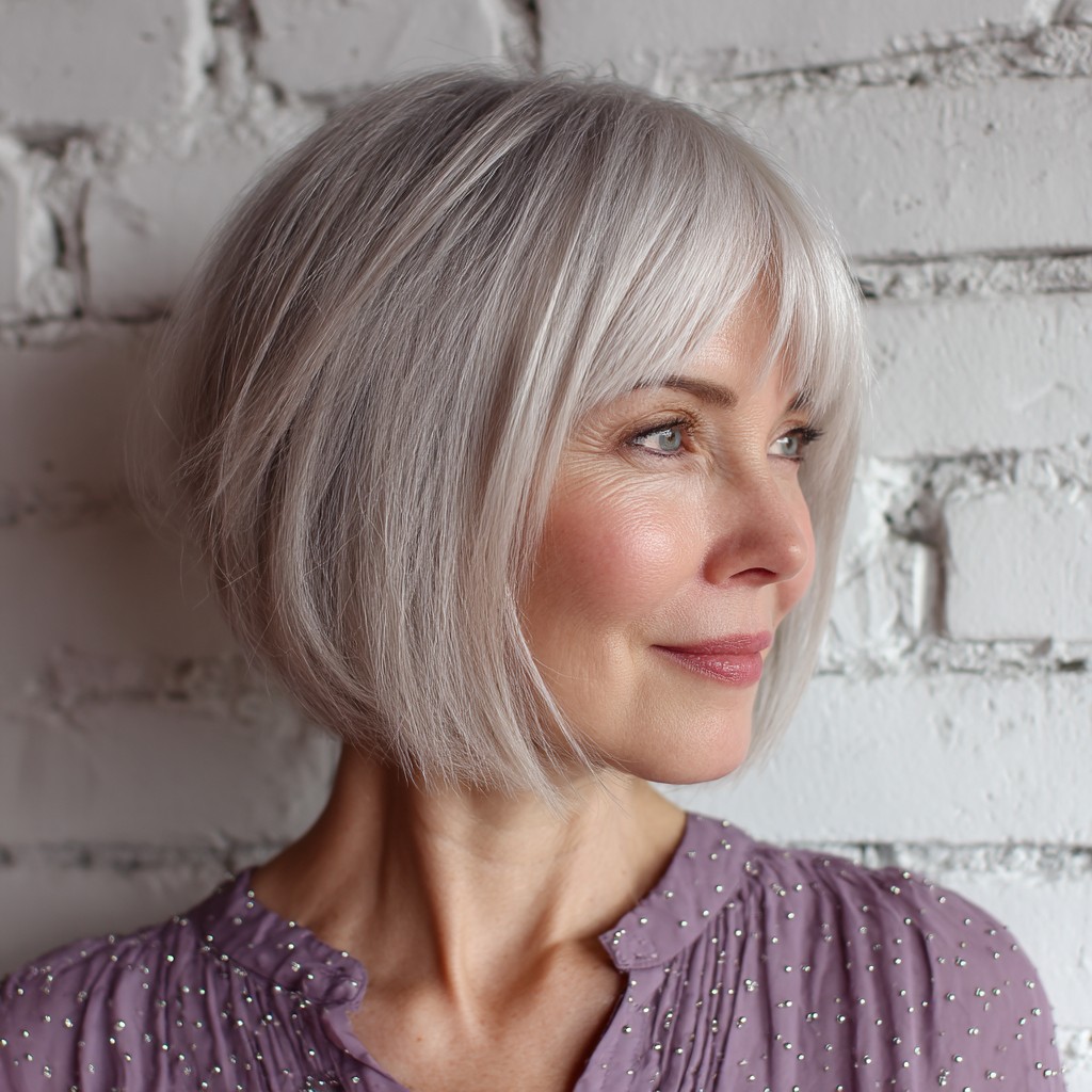 Modern Silvery Blunt Bob with Soft Bangs