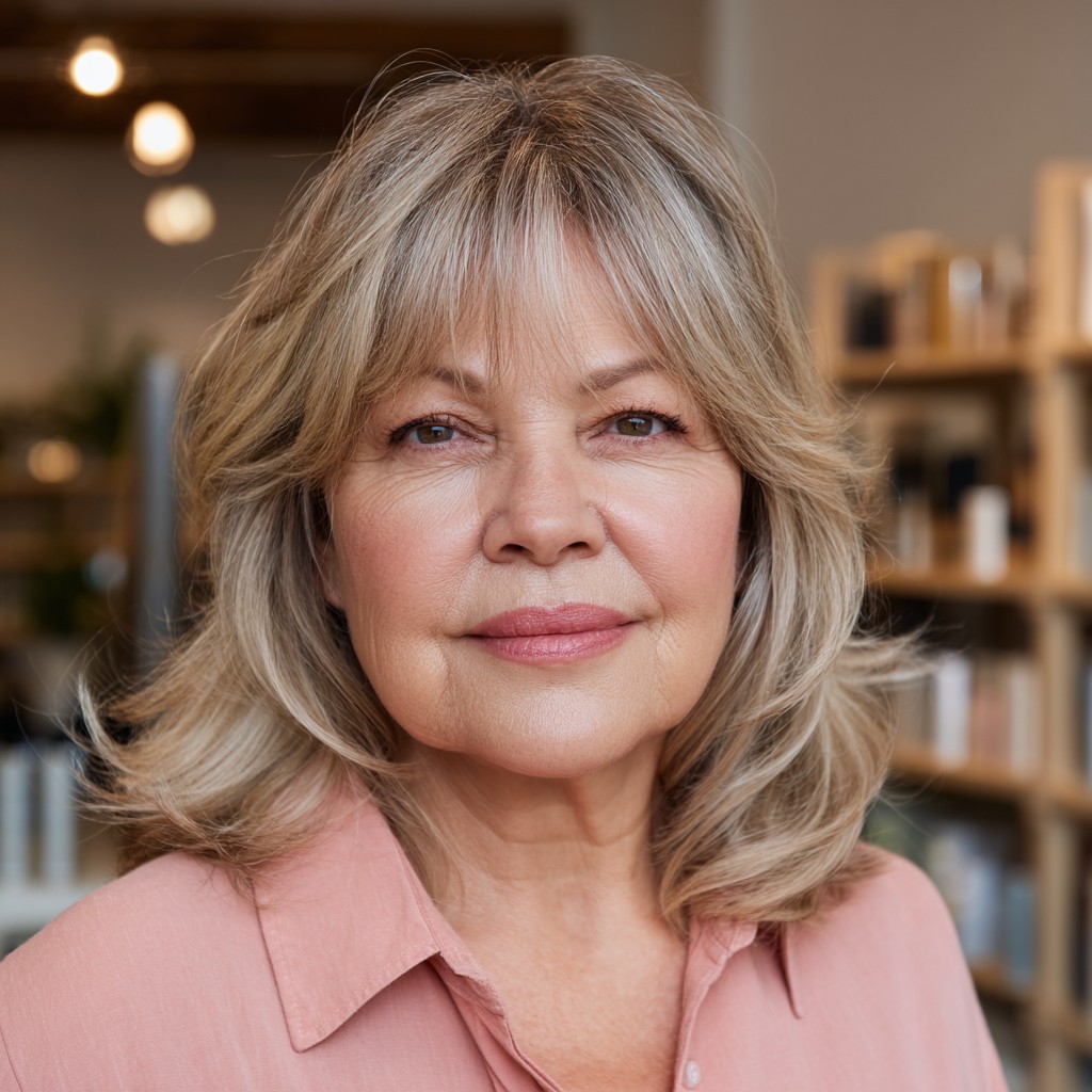 Soft Feathered Bangs with Fluffy Layered Shoulder-Length Cut