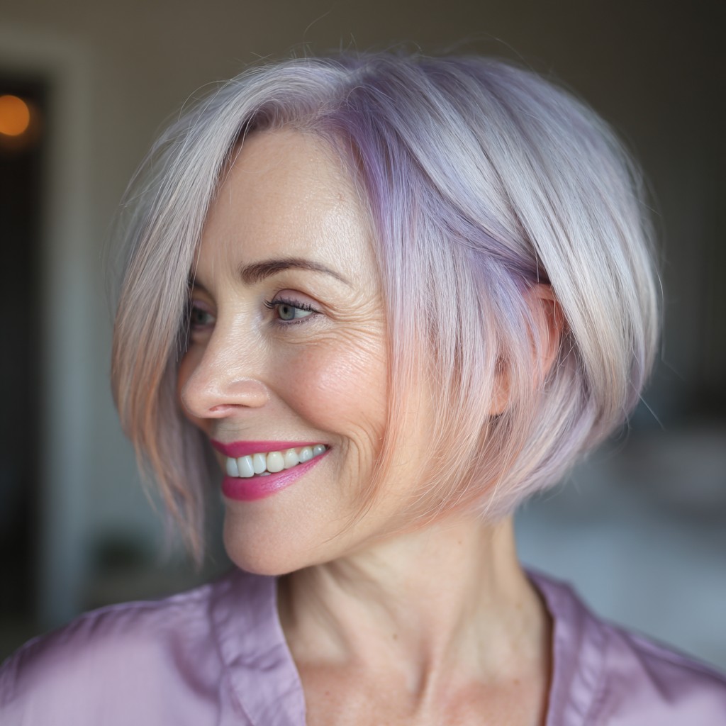 Soft Pastel Layered Bob with Subtle Purple Hues