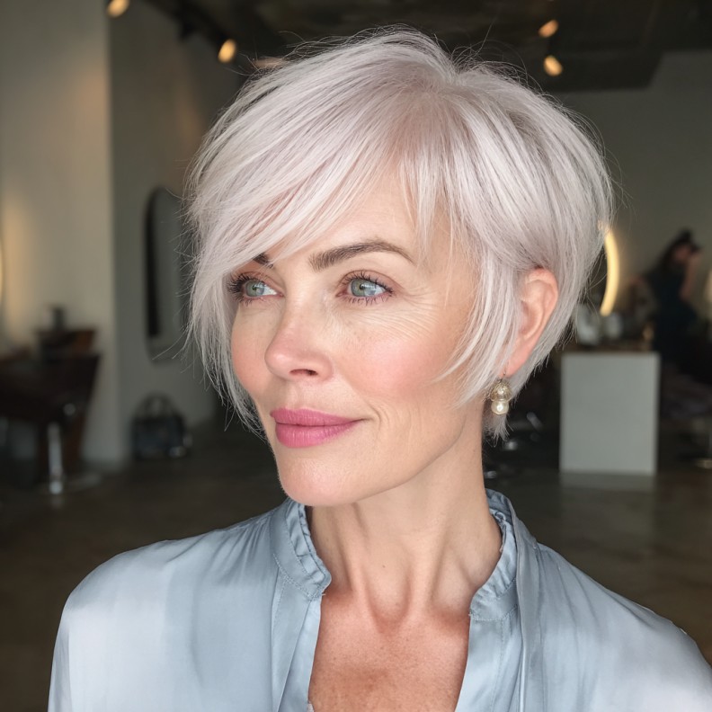 Soft Platinum Side-Swept Pixie with Feathered Layers