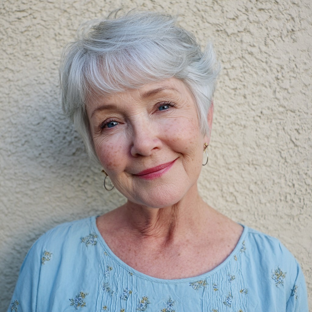Soft Silver Layered Bob with Wispy Bangs