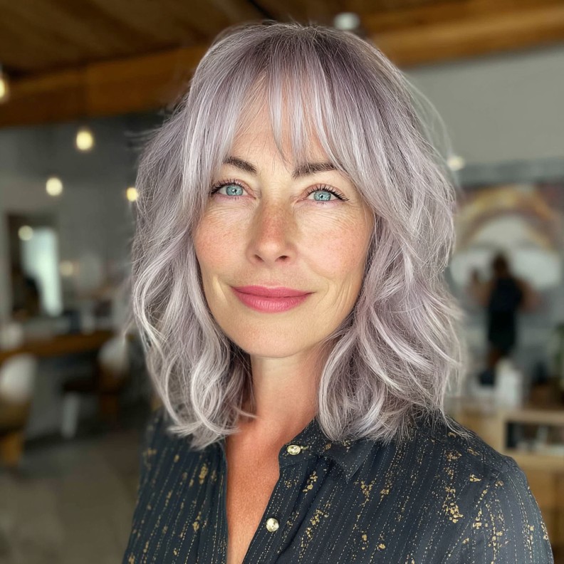 Soft Textured Lavender Waves with Face-Framing Bangs