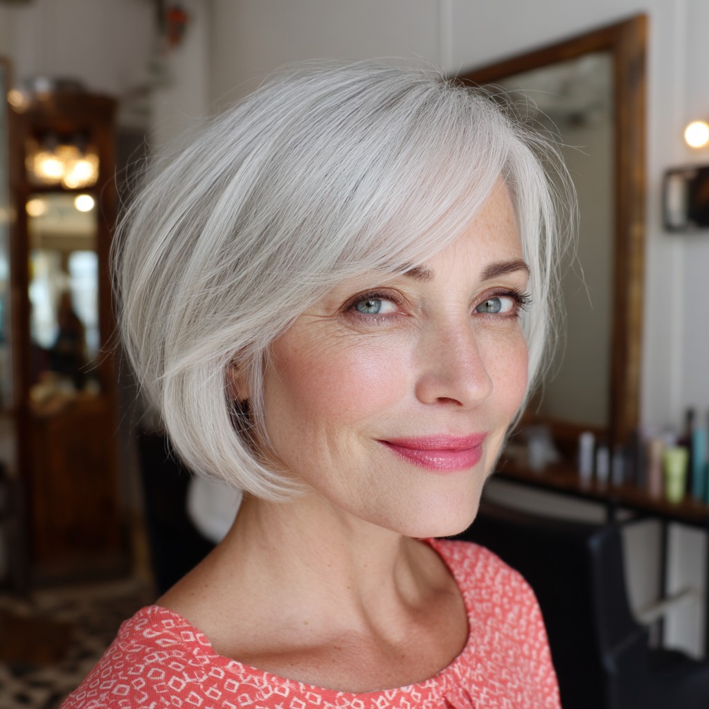 Softly Layered Silvery Bob with Subtle Movement