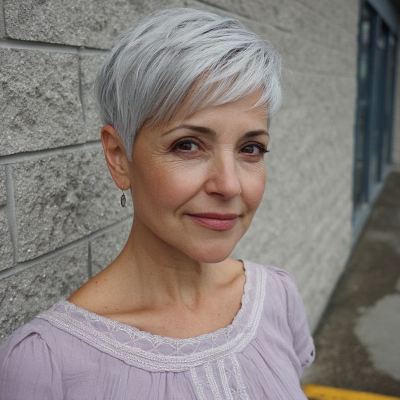 Stylish Silver Side-Swept Pixie with Soft Layers