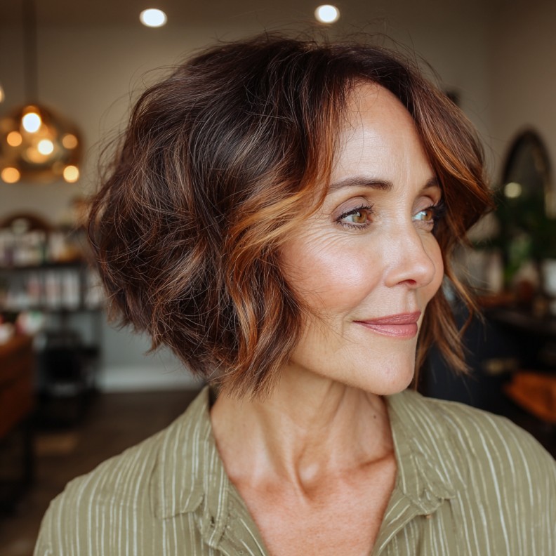 Stylish Textured Chocolate Bob with Subtle Highlights