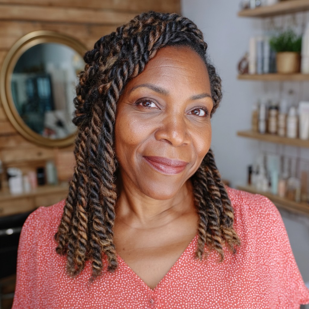 Stylish Twisted Medium-Length Hair with Warm Caramel Highlights
