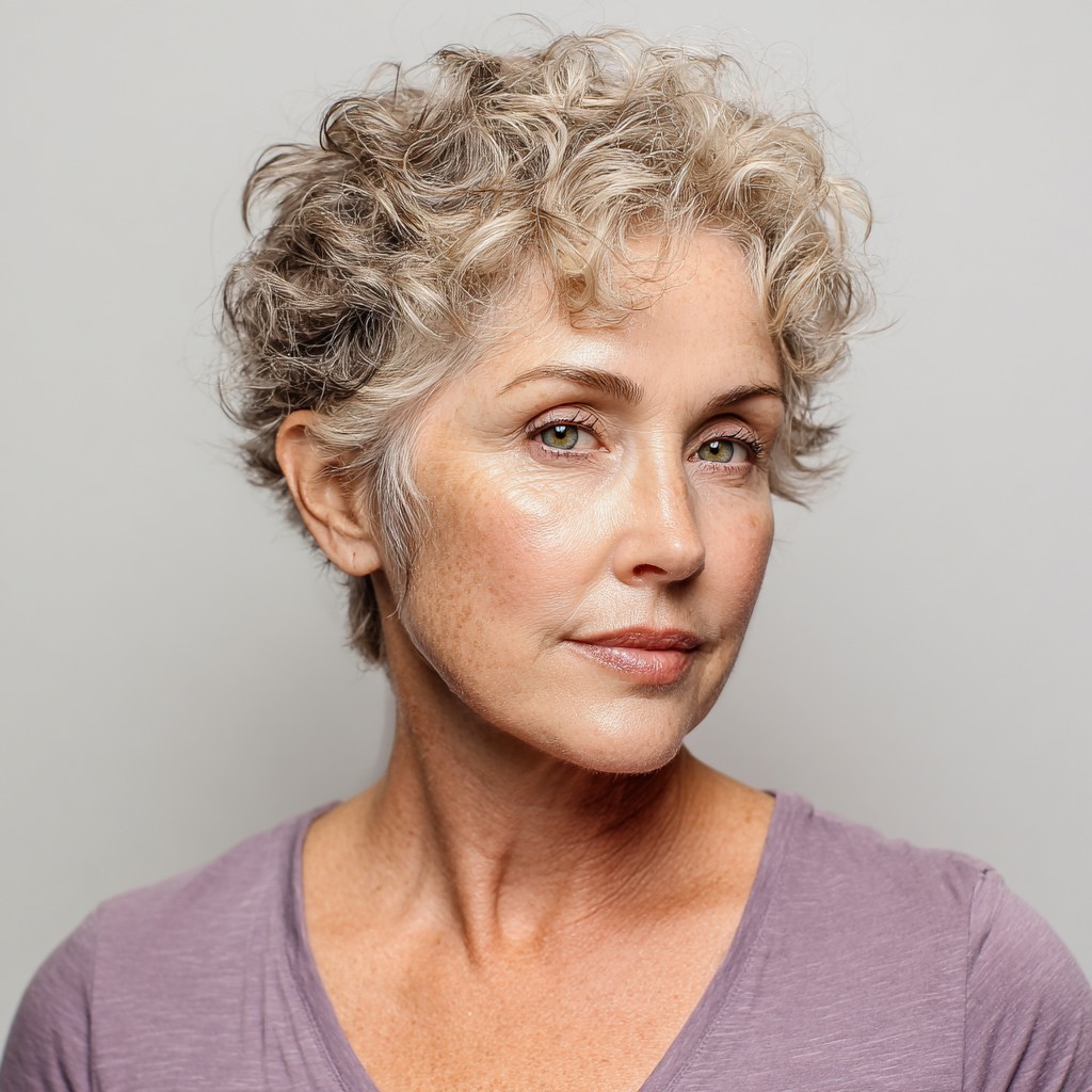 Textured Ash Blonde Curly Pixie Cut