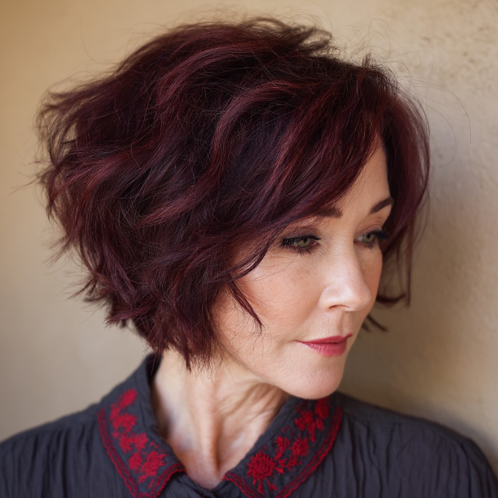 Textured Burgundy Bob with Soft Waves