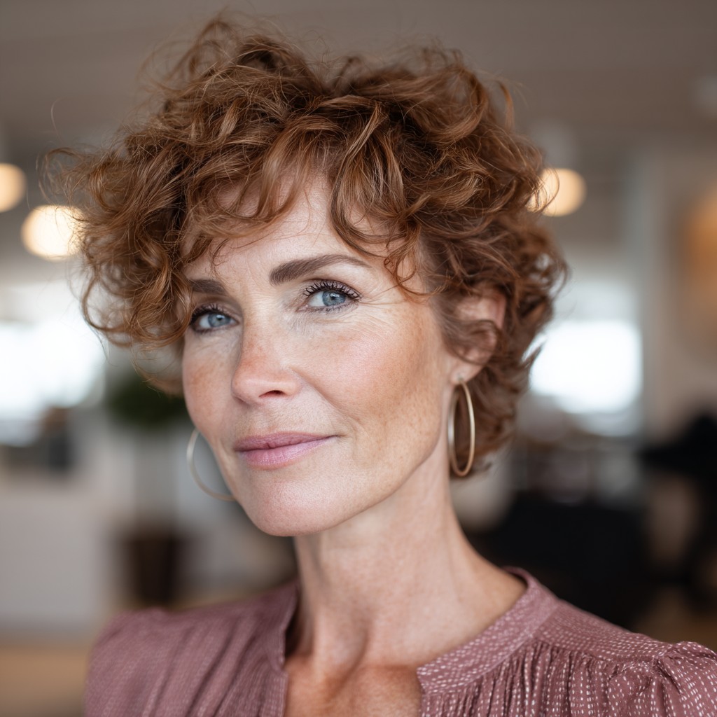 Textured Copper Curly Pixie with Soft Layers