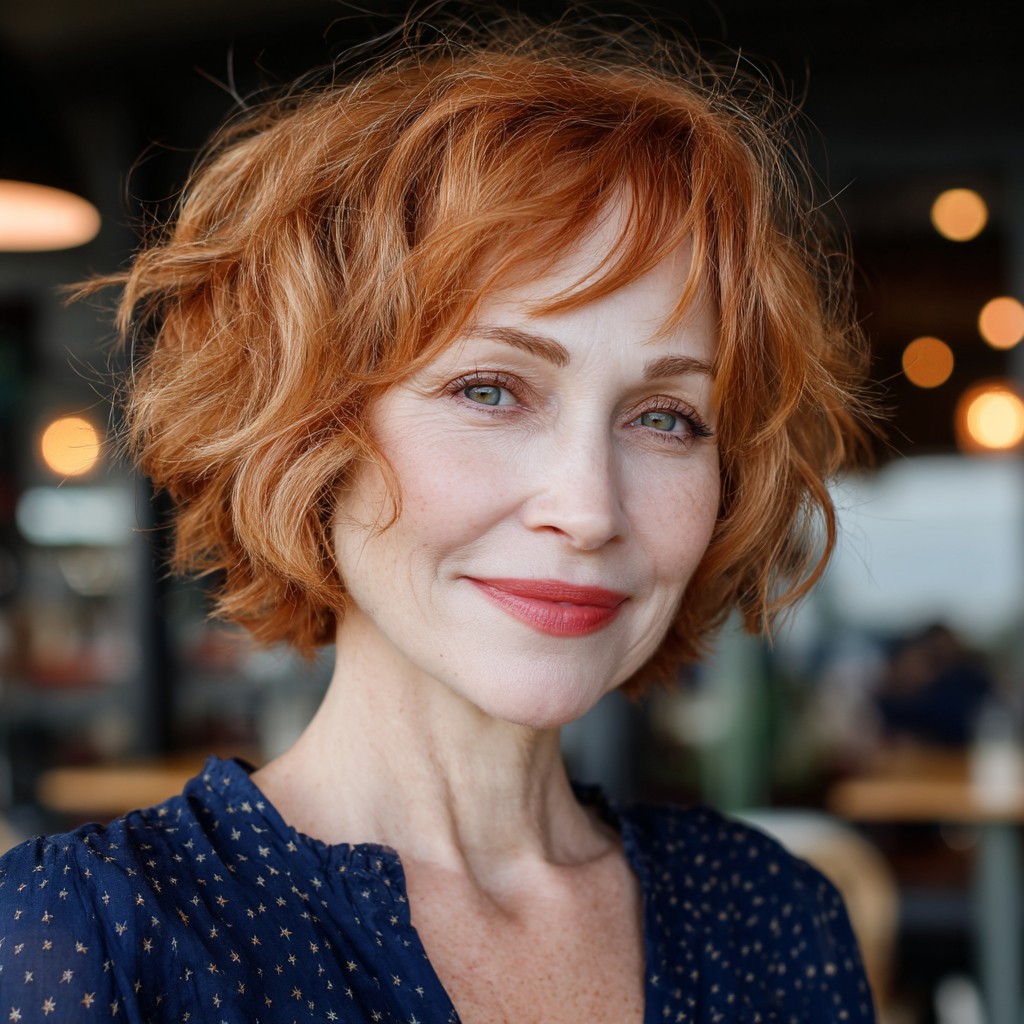 Textured Cropped Bob with Vibrant Copper Highlights