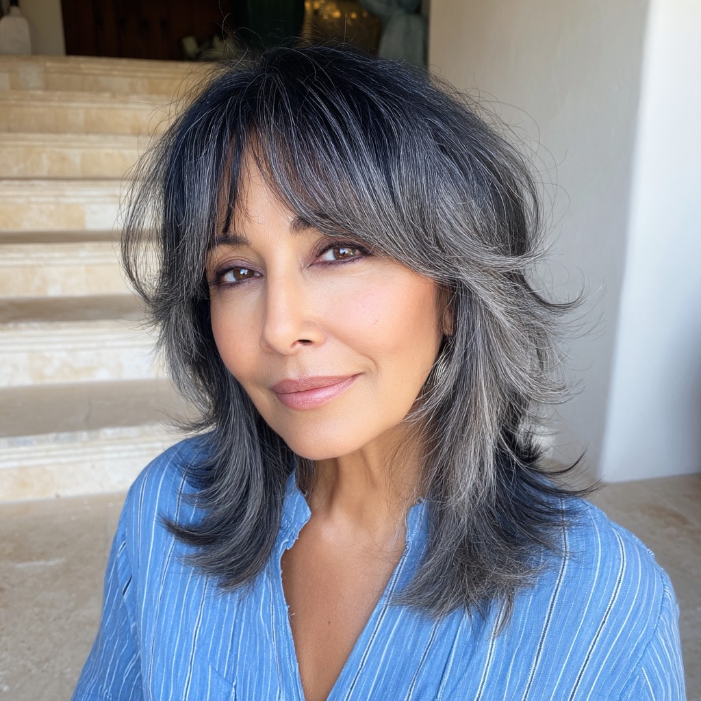 Textured Feathered Bangs with Layered Long Bob