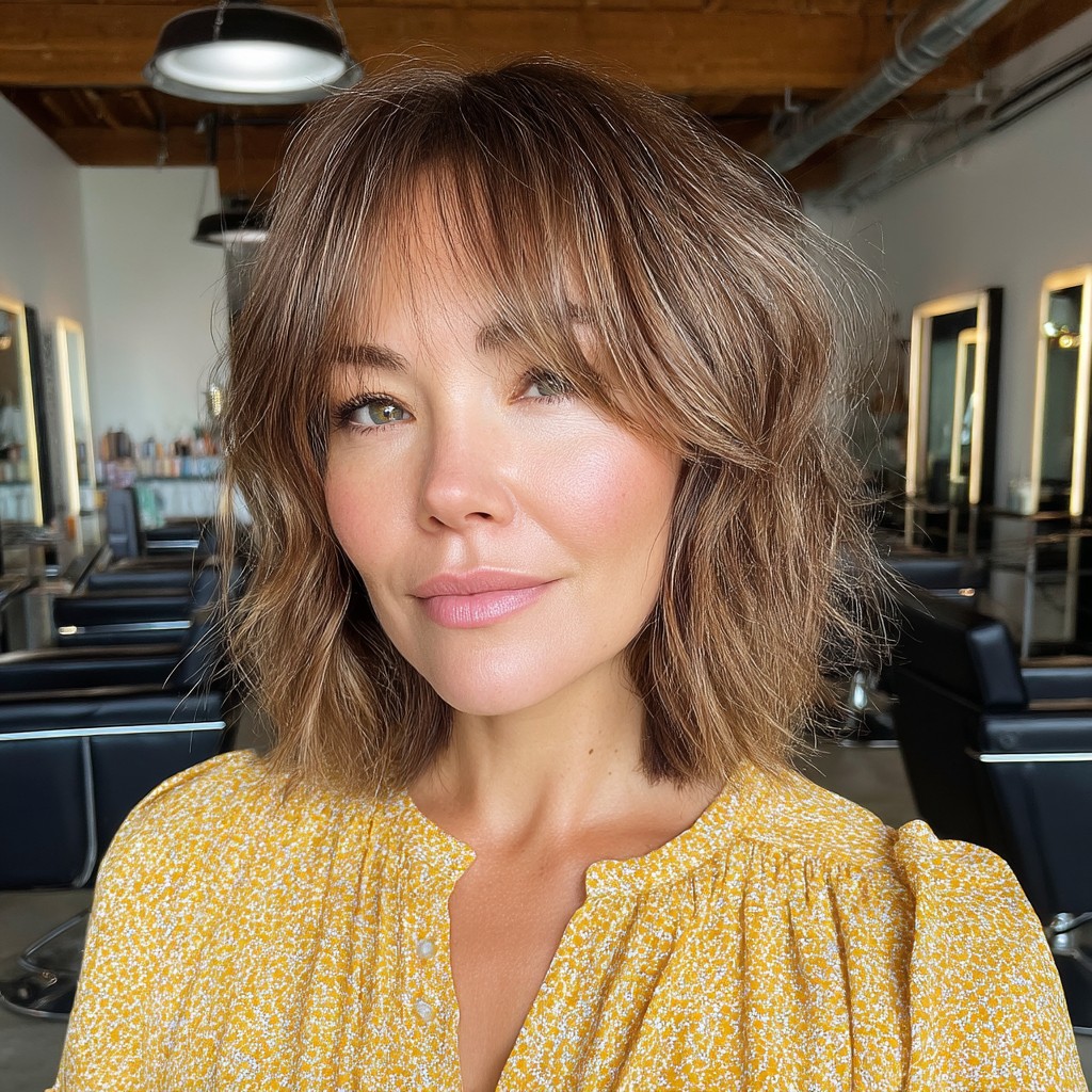 Textured Feathered Bangs with Soft Wavy Lob