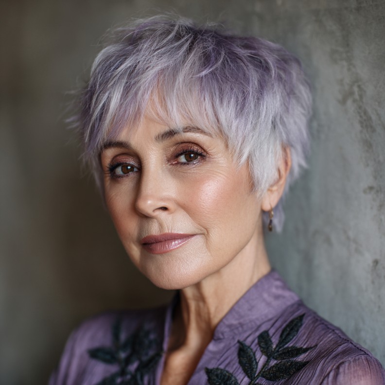 Textured Lavender Short Pixie Cut with Feathered Layers