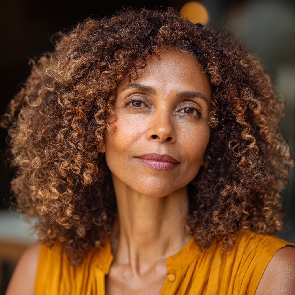 Textured Medium-Length Curly Cut with Warm Highlights